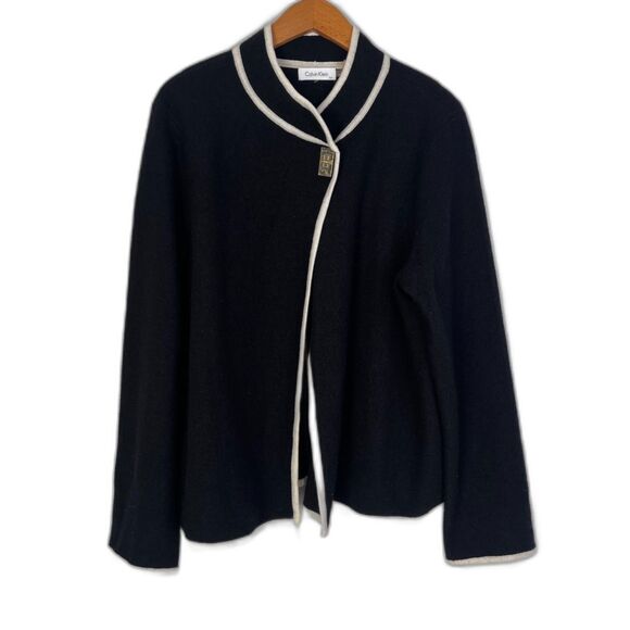 Calvin Klein Black w/ White Trim Cape Cardigan Wool Blend Size L/XL - Picture 1 of 12